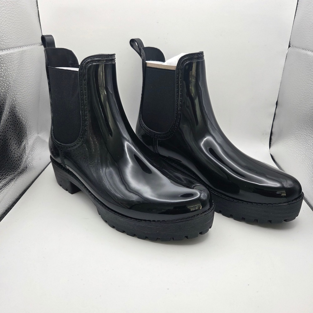 London Fog Rosaline Womens Black Glossy Chelsea Rain Boots WL07104W Size 8M